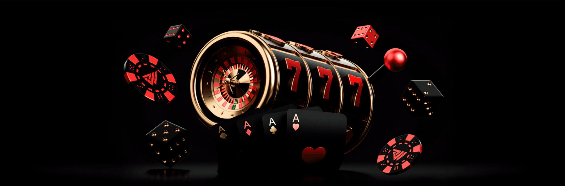 Casino games featuring slot machine, dice, poker cards and chips